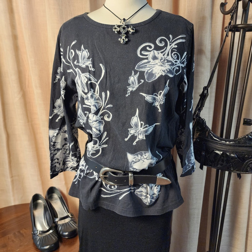 Black Cat Fairy Floral Rhinestone Top Y2K Whimsigoth L XL - Picture 1 of 5